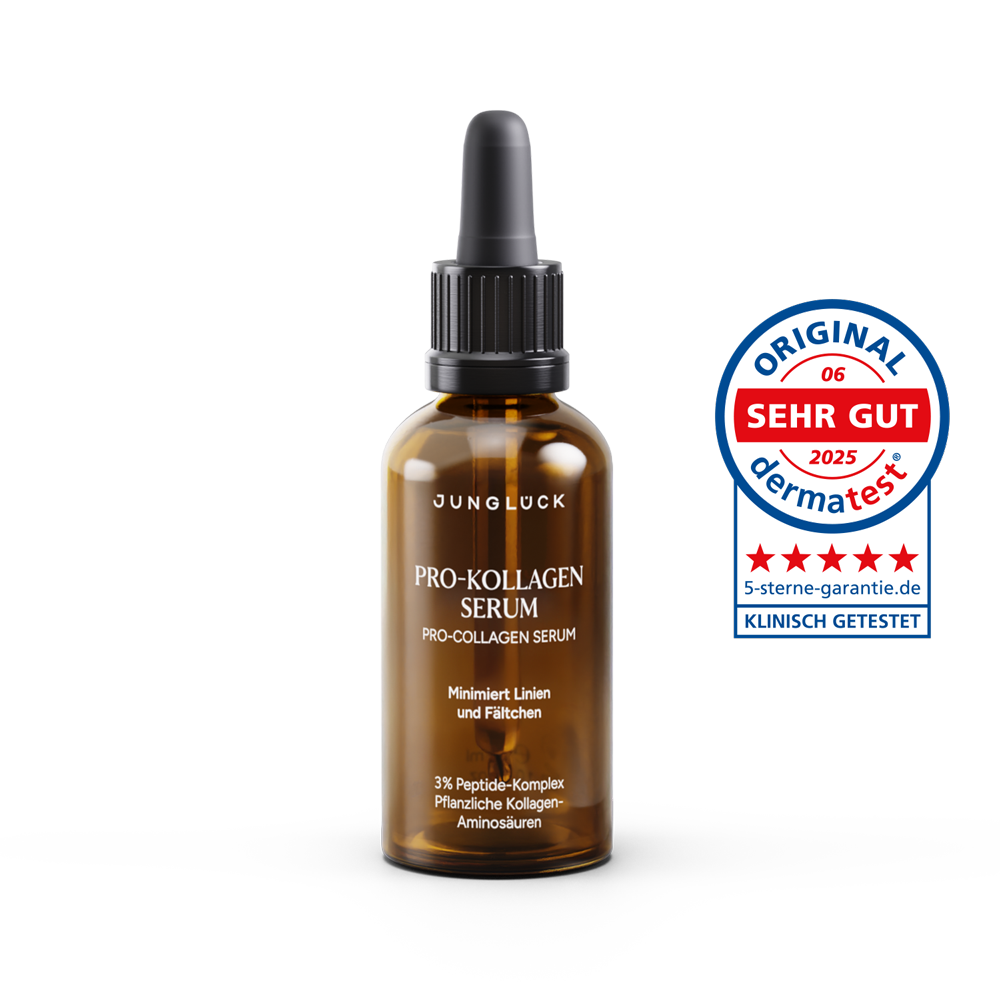 JUNGLÜCK Pro-Kollagen Serum in Vollgröße mit Dermatest Logo Bewertung "Sehr gut"