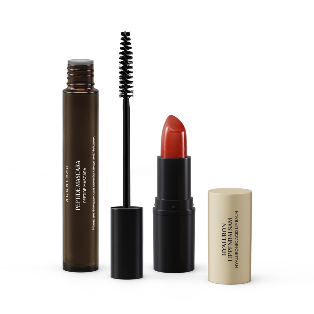 Pfirsich Set mit einer Braunglasflasche Peptide Mascara und zwei Lippenstiften in rot und neutral. Hochwertige Kosmetik.