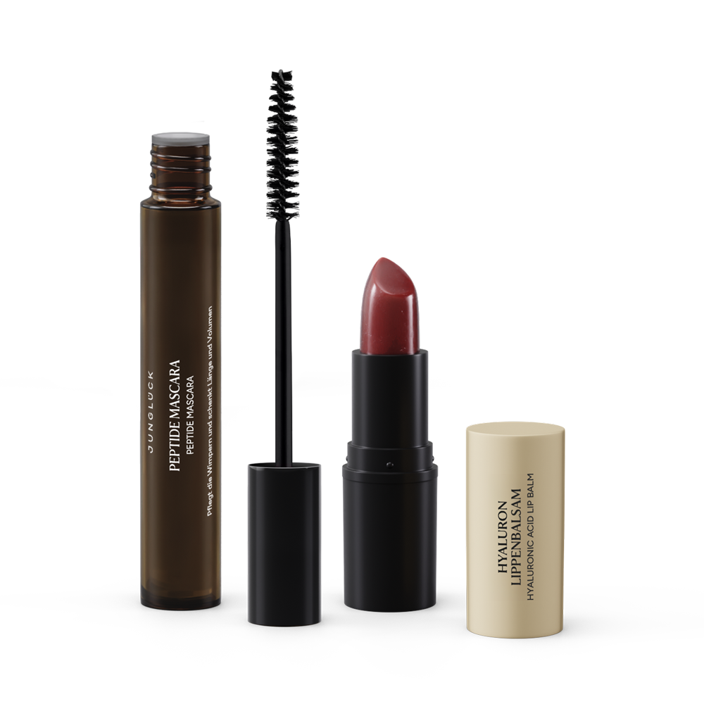 Beauty Essentials Rosenholz Set mit Braunglasflasche und schwarzem Lippenstift, inklusive Mascara und Lippenpflege.