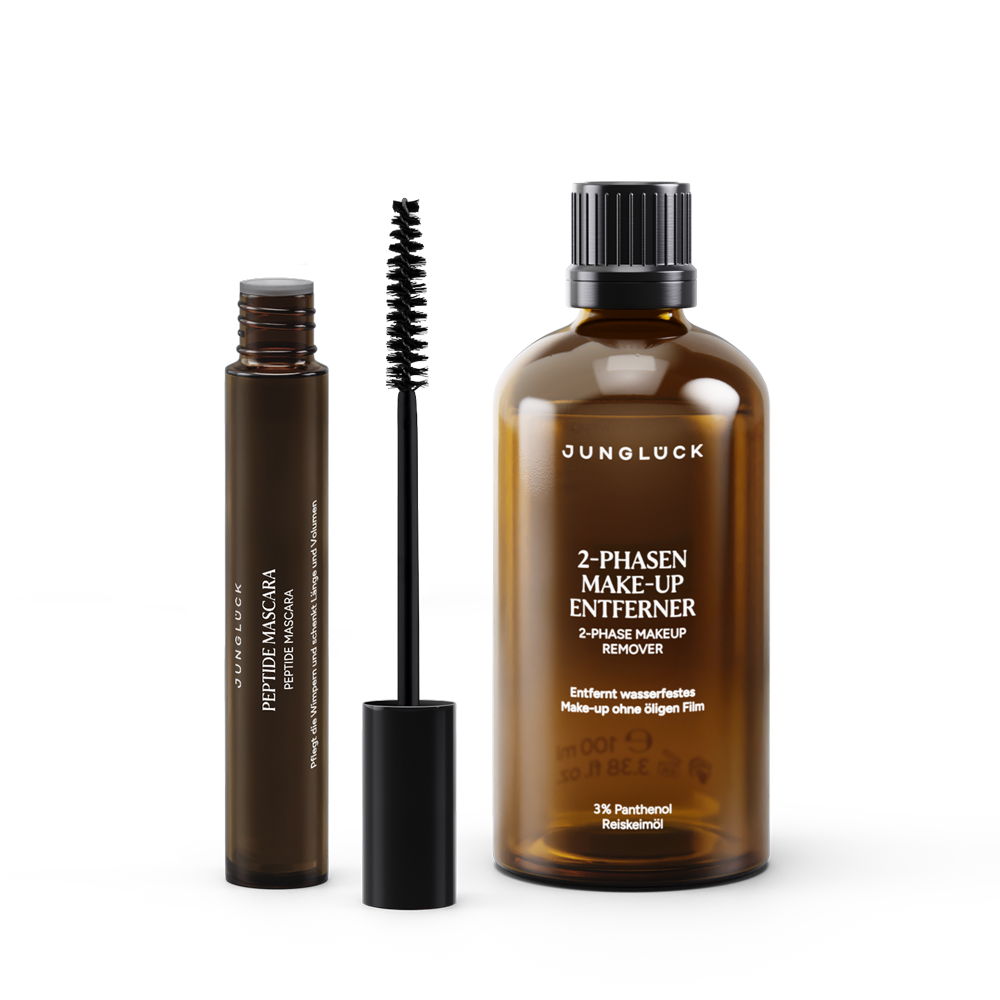 Das Daily Wimpern Set umfasst eine Peptide Mascara in einer Braunglasflasche und einen 2-Phasen Make-up Entferner. Beide