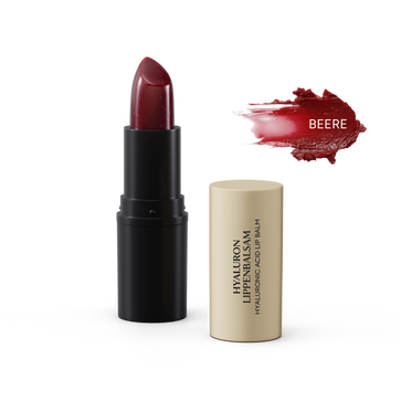 Hyaluron Lippenbalsam in Beere für Lippenpflege. Lippenbalsam ist in schwarzem Kreisdose und hat eine kräftige Beerenfarbe.