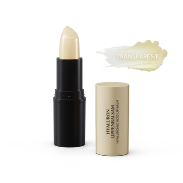 Hyaluron Lippenbalsam in schwarzem Container, mit transparentem Lippenbalsam sichtbar. Deckel steht offen.