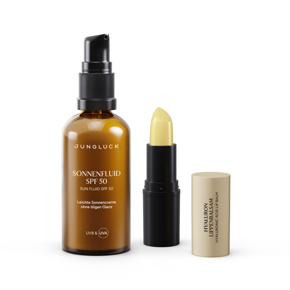 Braunglasflasche mit Sonnenfluid SPF 50, Pflegebalsam und schwarzem Lippenpflegestift, elegante und praktische Kombination.